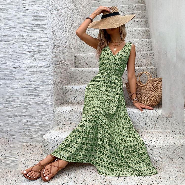 Autumn Winter Women High Waist Sleeveless Dress Lace Up Print Color Pleated Temperament