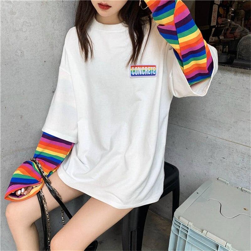 

Футболка «TWINFLAMES Rainbow Kawaii», женские футболки с длинными рукавами, повседневные студенческие топы, блузки в полоску
