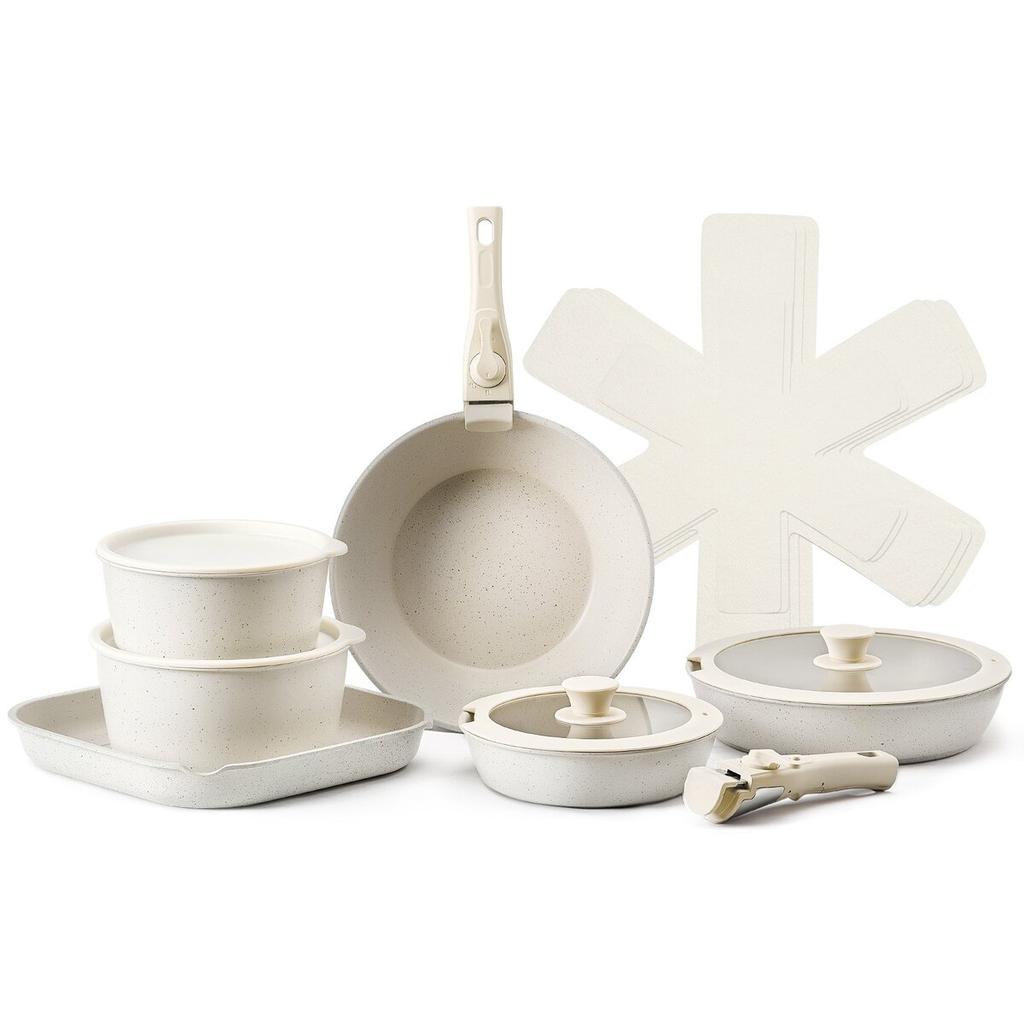 17 Piece Pots and Pans Set Granite Nonstick Kitchen Cookware White