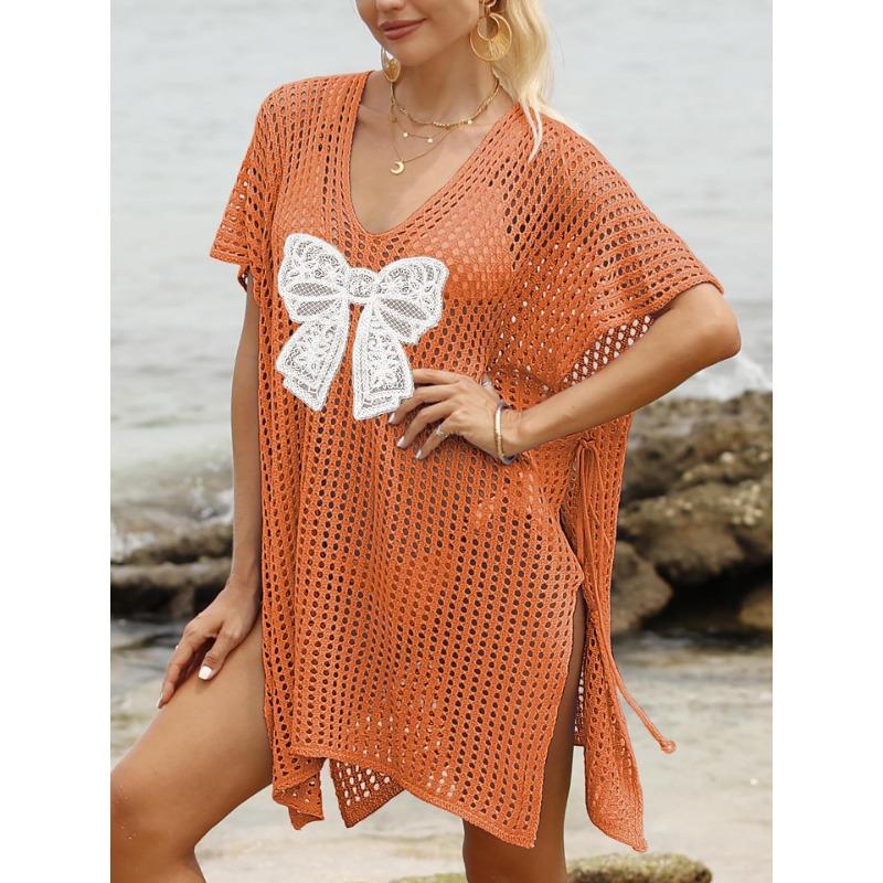 Plus Size Women's Lace Butterfly Splicing Woven Hollowed Out Beach Bikini Smock Dress