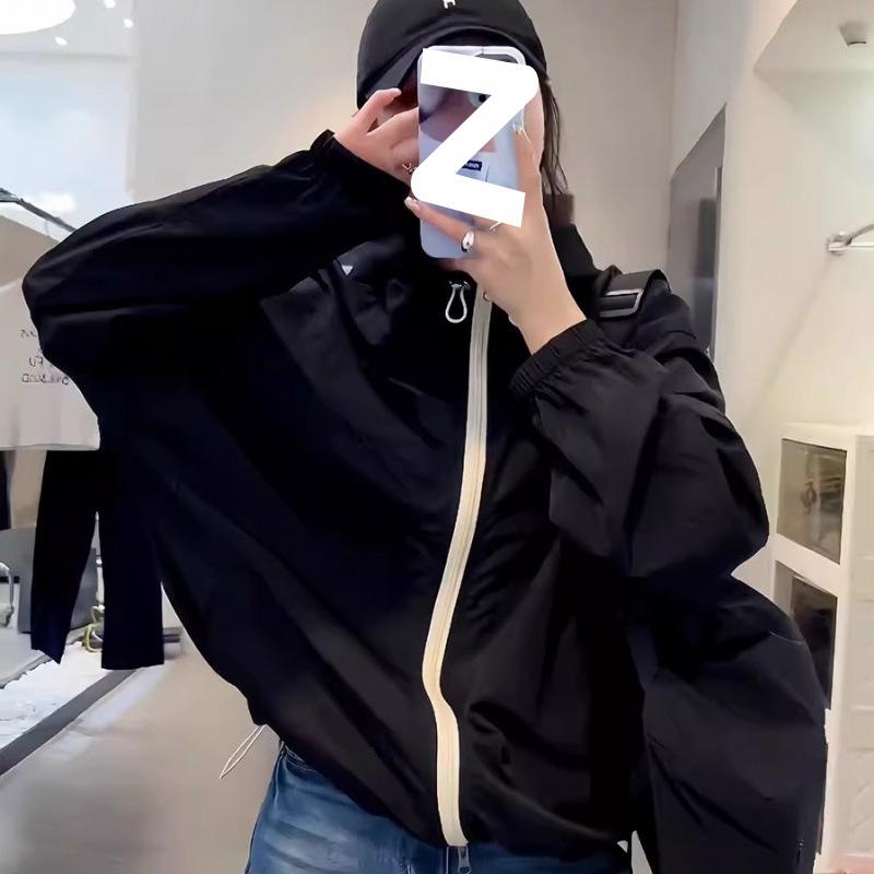 Women's Summer New Breathable Contrasting Zipper Loose Hooded Casual Thin Jacket with Sun Protection Clothing