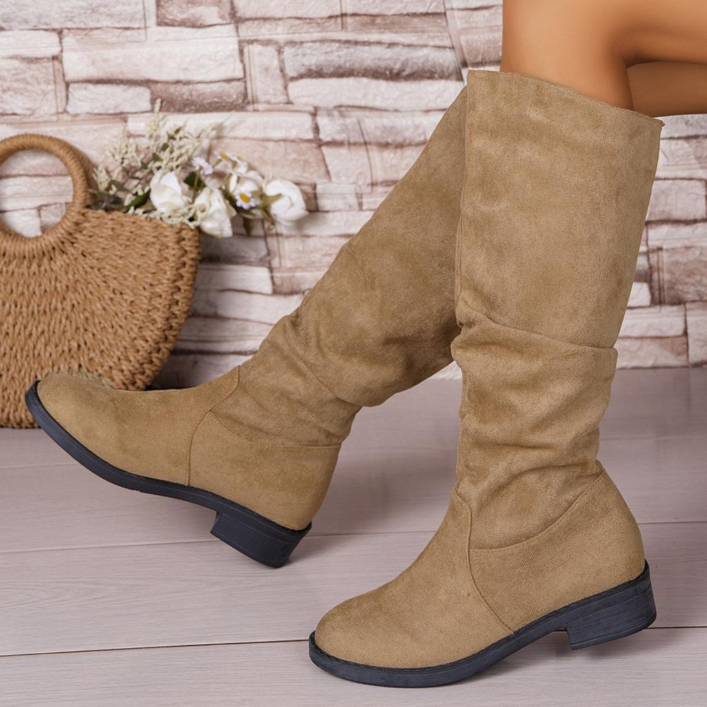 Fashion Pleated Boots Women Suede Knee High Boots 2025 Autumn/Winter Fashion Women Fashion Slip on Square Mid Heel Knight Booties