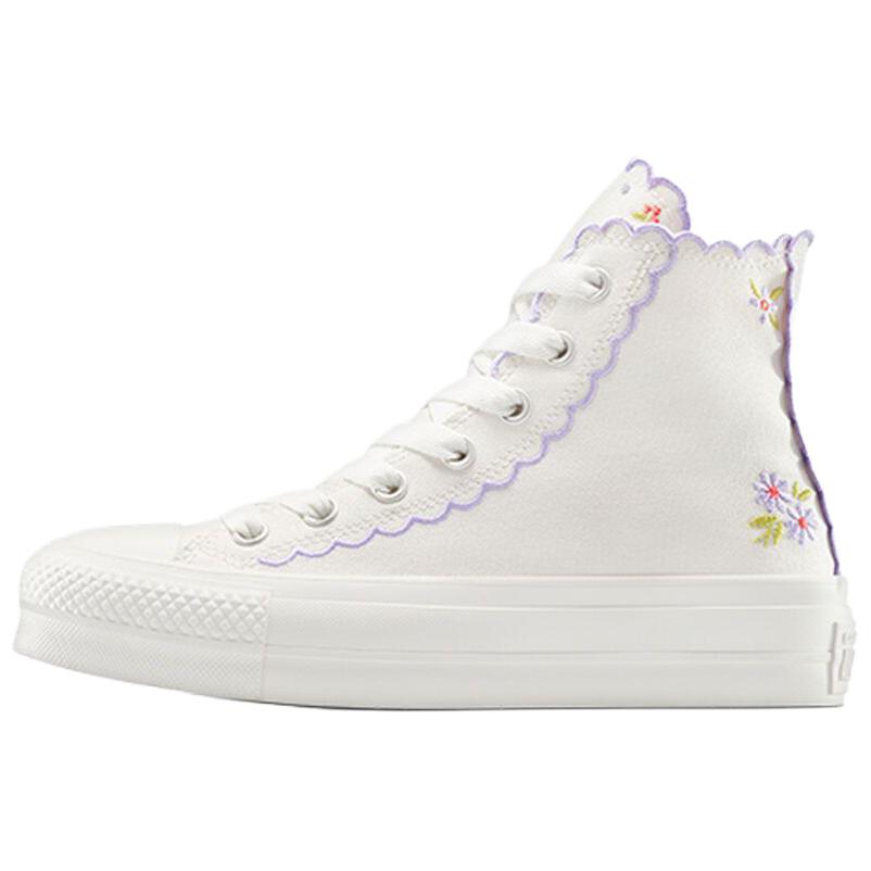 Converse Chuck Taylor All Star Lift Platform High Scalloped Edges Embroidered Flowers Women Sneakers White Vintage-White Violet-Heat A13528C