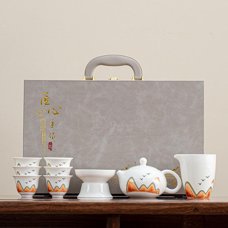 Suet jade tea set, kung fu set, white porcelain office household teapot cover bowl teacup