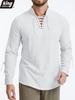 Letní neformální košile s dlouhým rukávem ze směsi lnu pro muže - Prodyšná šněrovací u krku a manžet s možností stažení, neformální topy v jednobarevném provedení