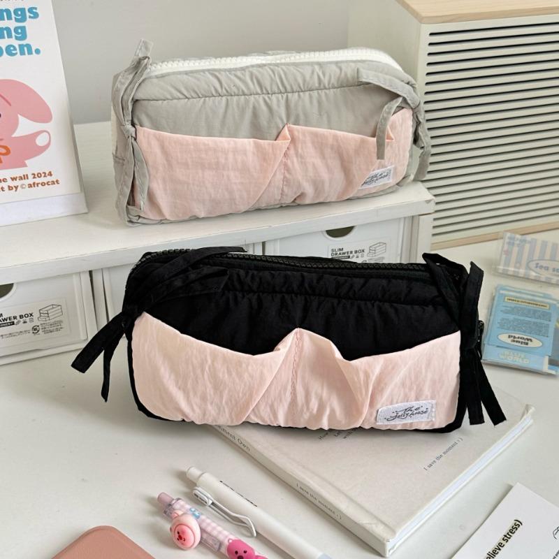 1 Piece Cute Fashion Bow Pencil Case Soft Fabric Casual Large Capacity Stationery Case Portable School Pen Bag Student