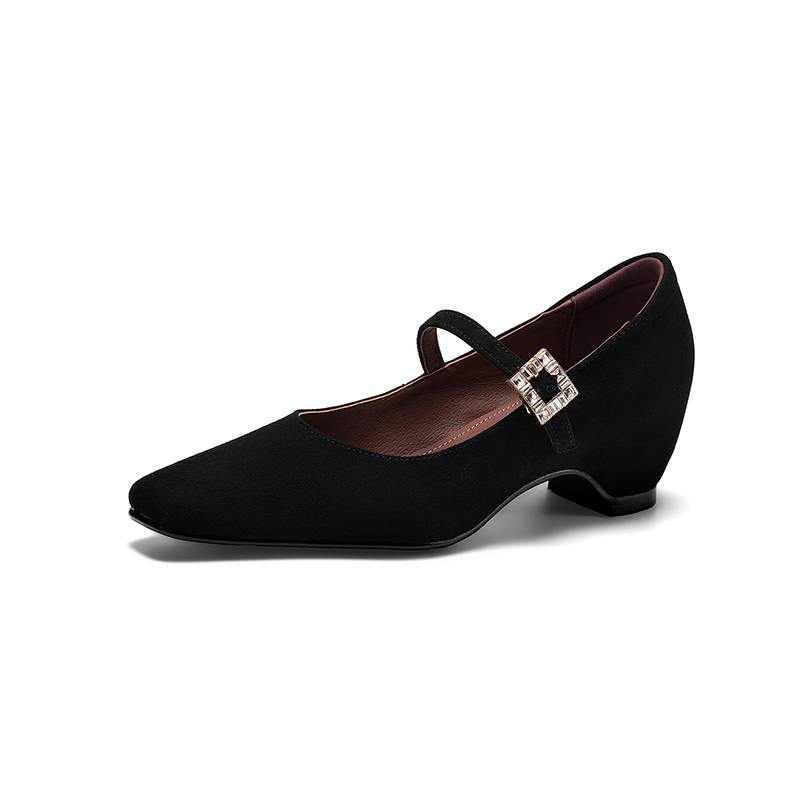 Krazing Pot Sheep Suede Square Toe Med Heels Summer Shoes Big Size 42 Crystal Buckle Women Shallow Pumps