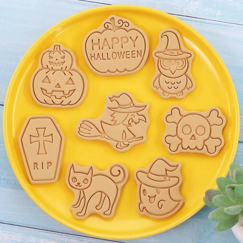 Halloween Plastic Cookie Cutters Pumpkin Cartoon Pressable Biscuit Molds Confectionery Fondant Cookie Stamps Baking Pastry Tools