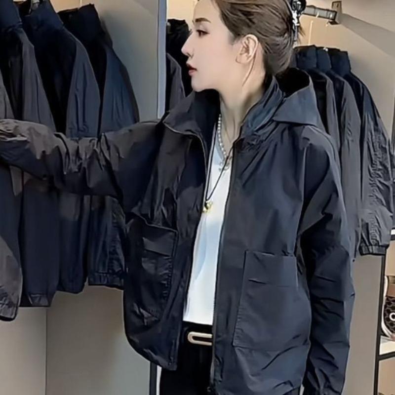 Trendy Women Windbreaker Jacket Spring Autumn Loose Fit Hooded Zip Up Outerwear Casual Top