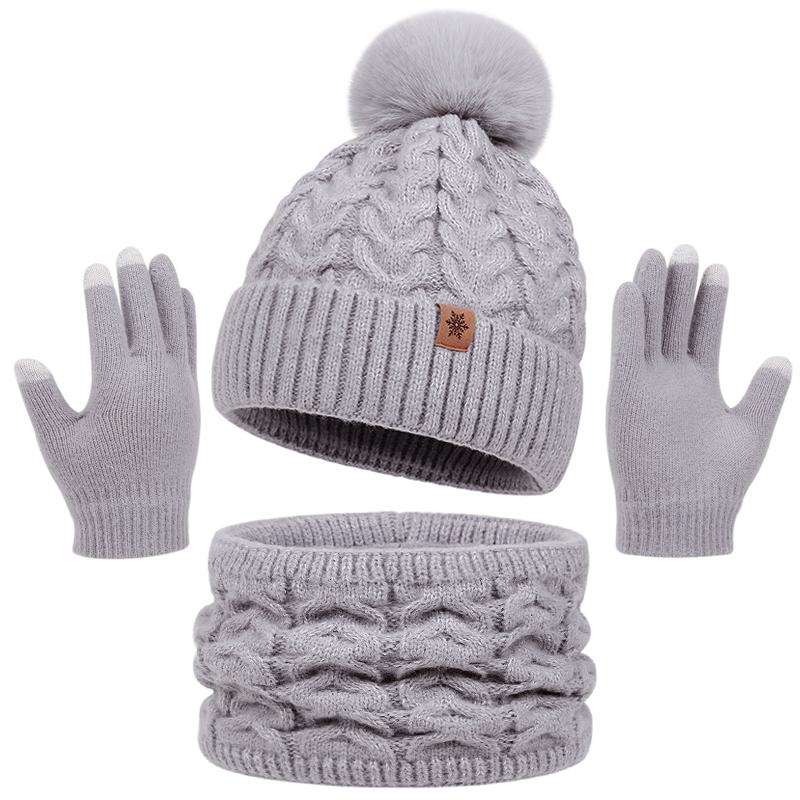 3Pcs Women Winter Hat Scarf Gloves Set Christmas Fur Ball Teenager Beanie Neck Warmer Suit Pompom Knitted Woman Men Cap Set