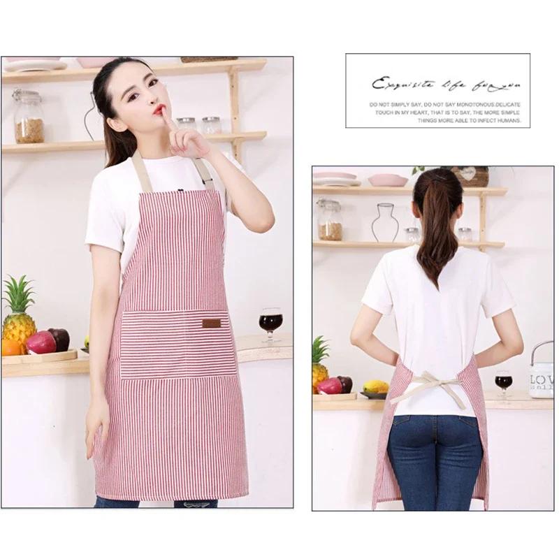 Kitchen Cotton Striped Apron Household Adult Apron for Cleaning Cooking Baking Large Pockets Men Women Apron Overalls