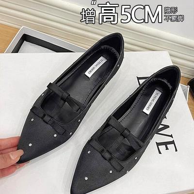 Satin Strass Mary Jane Schuhe Damen Frühling neu Innenhöhe erhöht weiche Sohle Schleife vielseitig leichte Mund Einzel Schuhe Damen