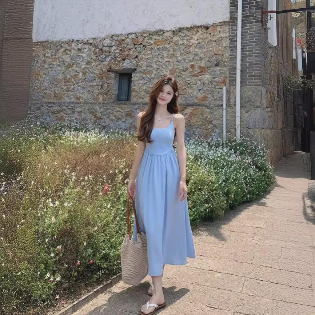 Kumikumi Blue Summer 2024 Women's Slim Waist Suspender Dress