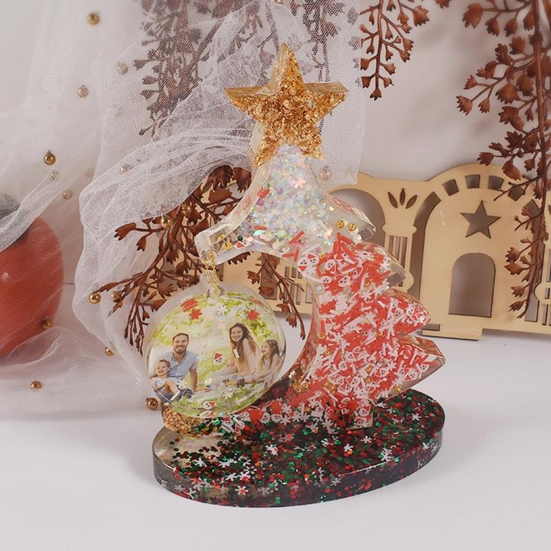 Crystal Epoxy Resin Christmas Tree Picture Frame Set Silicone Mold with Support Base for Resin Crafts Making Supplies