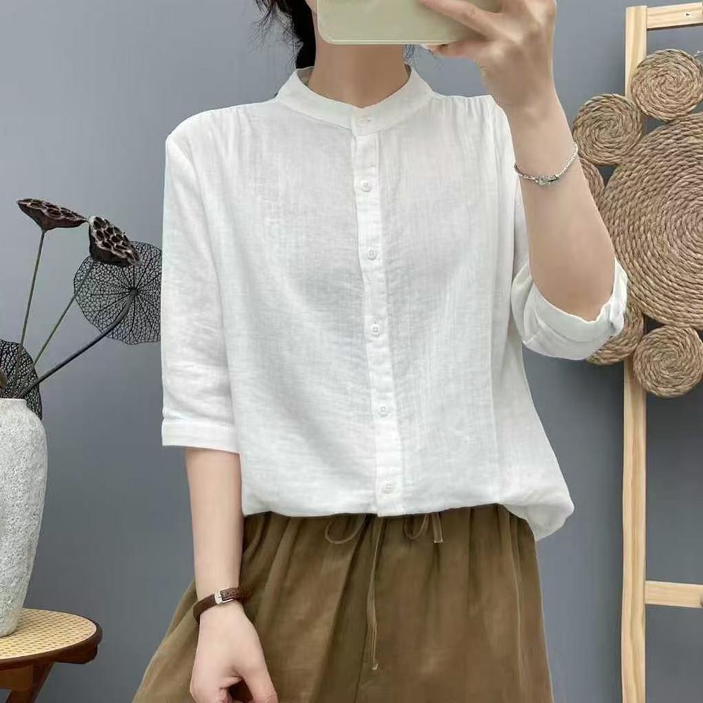 Women's Fashionable Casual Oversized Double-Layer Cotton Yarn Stand Collar Shirt With Mid-Length Sleeves In  Colour Top