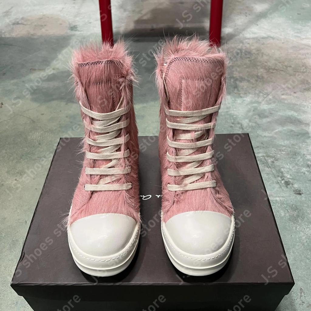 Ro Geobasket Pink Horse Hair High Top Shoes Classic Sneaker Men Shoe Zipper Women Ankle Boots Pink Horsehair Casual Sneakers