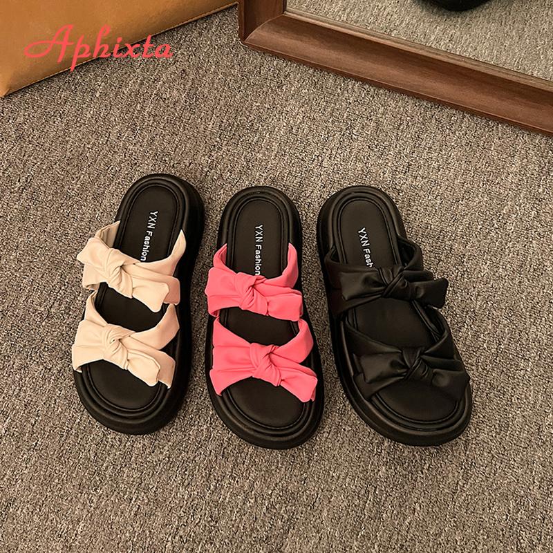 Fashion Aphixta Sweet Butterfly Knot Sandals Chunky Heel Platform Slippers Woman Slides Women Shoes Rose Red Slippers Slides Shoes