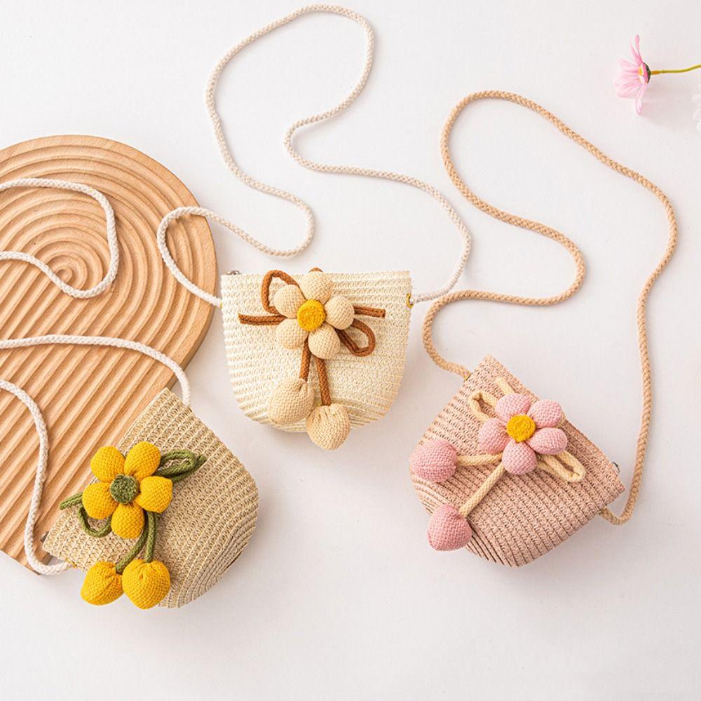 Cute Flower Straw Bag Mini Colorful Summer Beach Shoulder Bag Handmade Zipper Coin Purse