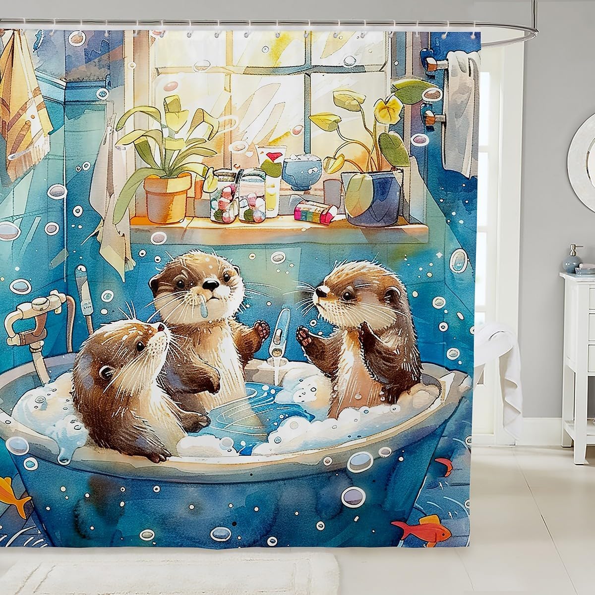 

Cute Otter Shower Curtain Animal Bath Scene Watercolor Art Cartoon Design Kids Bathroom Decor Waterproof Fabric Fun Home150X200 W60H190(CM)-1 Pcs