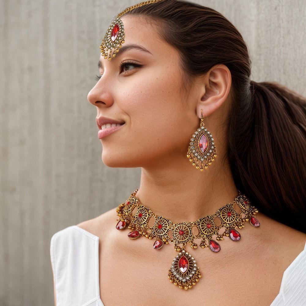 

Комплект женских украшений: ожерелье с подвеской в виде капли воды, серьги, инкрустированные стразами, свадебный красный