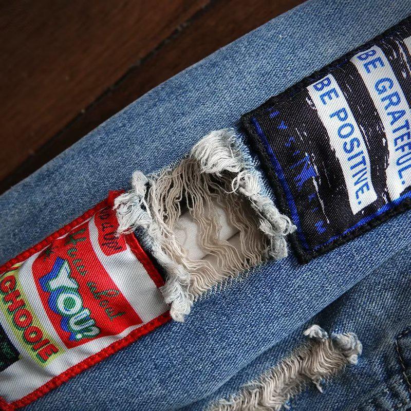 Herren Europäischer Stil Retro Bestickte Zerrissene Jeansjacke