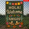 Hola Amigos Metal Wall Art Colorful Mexican Party Welcome Sign with Bright Cacti and Sombrero Design Retro HomeCafe Decor