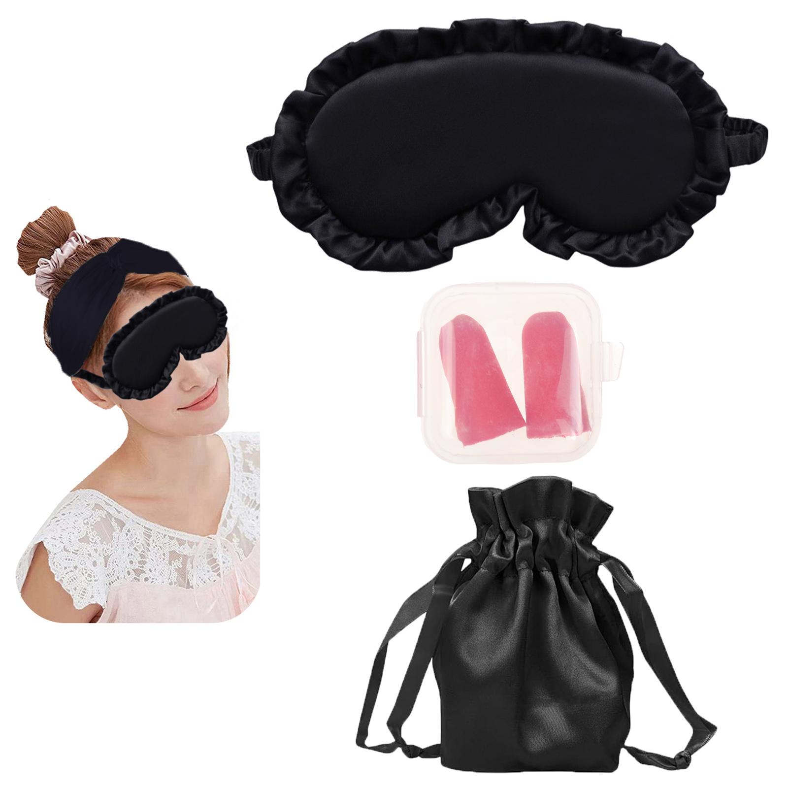 Ruffle Faux Silk Sleep Eye Mask + Noise Reduction Foam Earplugs with Drawstring Storage Bag, Light Blocking Soft Breathable Eye Cover One size