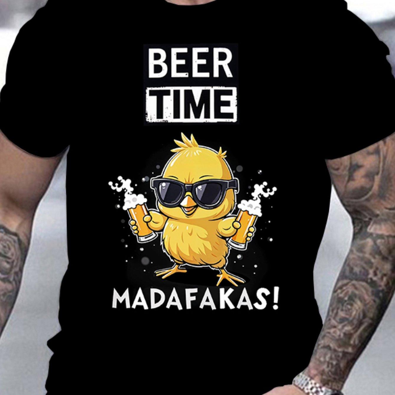 Mens Funny Beer Drinking Chicken Graphic TShirt  Black with White Print  BEER TIME Slogan Casual Round Neck S