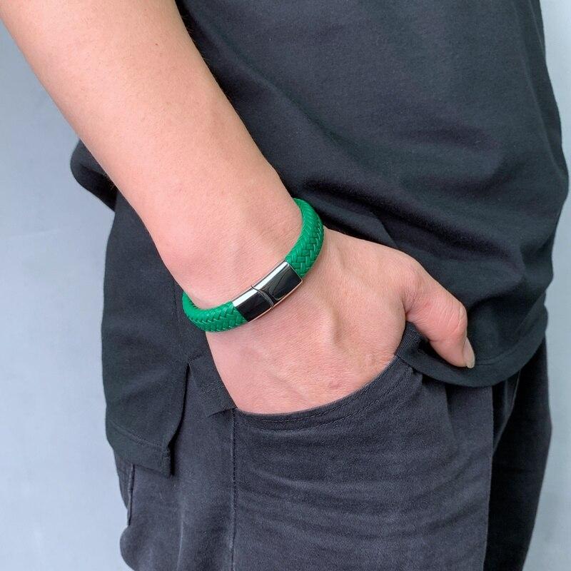 Men Bracelet Green Leather Bracelets Charm Black Stainless Steel Clasp Bangles Male Jewelry Gift