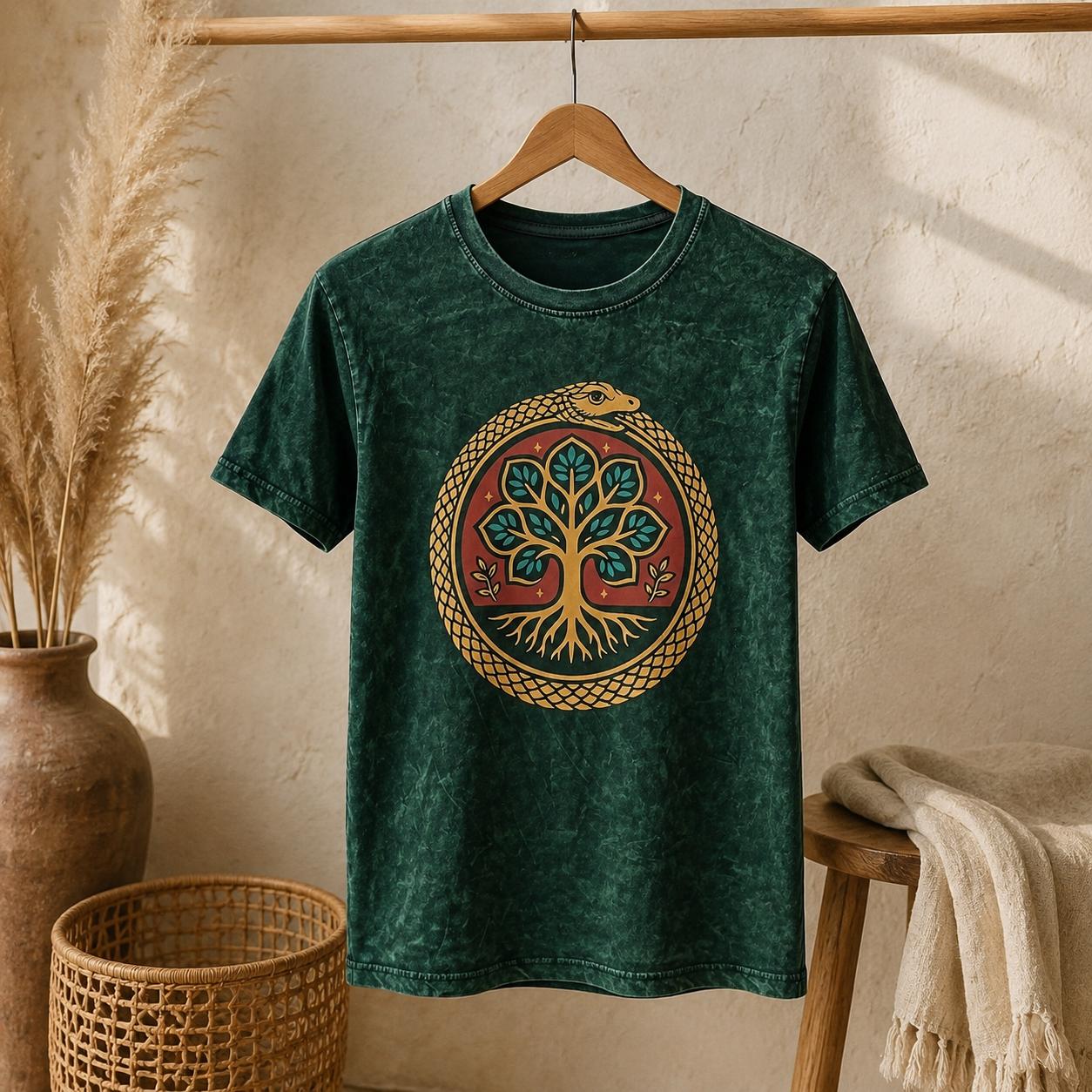 Shamtam Men's Green Nomad Sari Stonewashed Cotton T-Shirt - Tree Of Life - Medium
