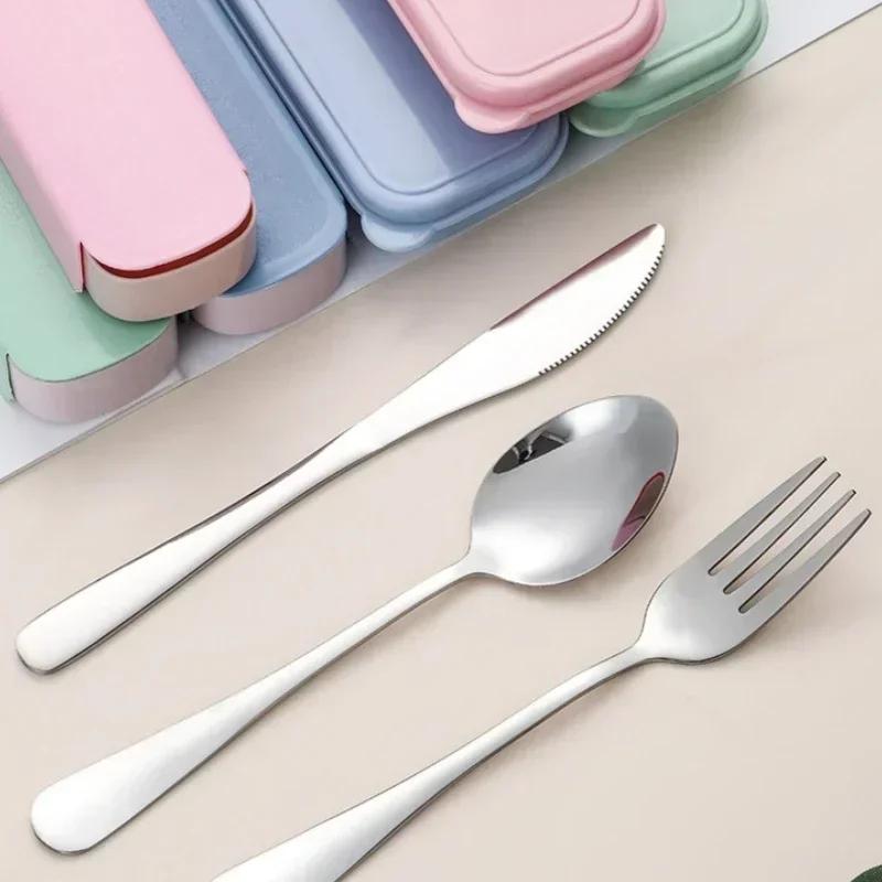 3/4pcs Portable Stainless Steel Cutlery Suit with Storage Box Chopstick Fork Spoon Knife Travel Tableware Set Camping Cutlery