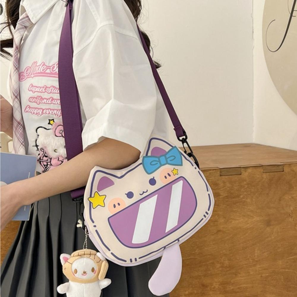 Bowknot Print Cartoon Cat Shoulder Bag Patchwork Cat Shape Coin Purse Bag Students