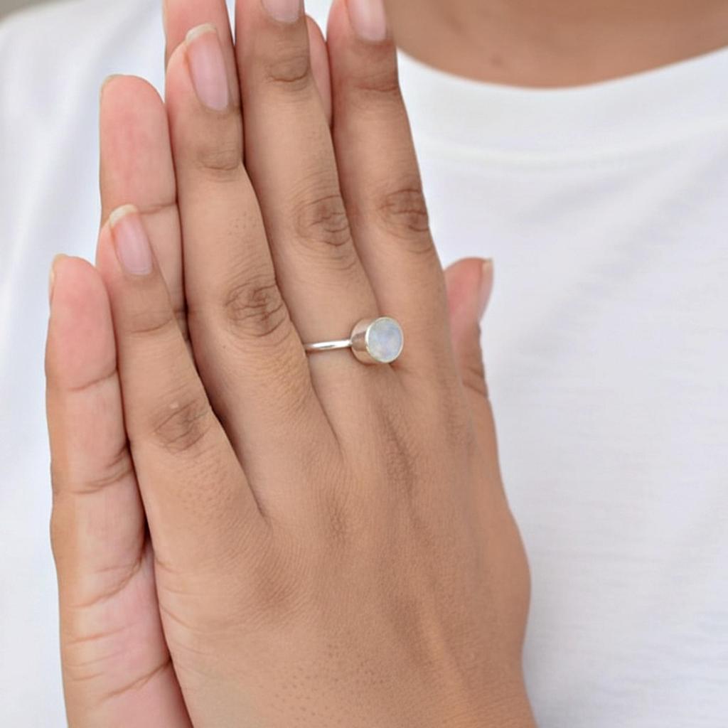 Regnbågsmånsten Oval Statement-ring, 925 Sterling Silver Smycken, Minimalistisk Boho-ring för Kvinnor