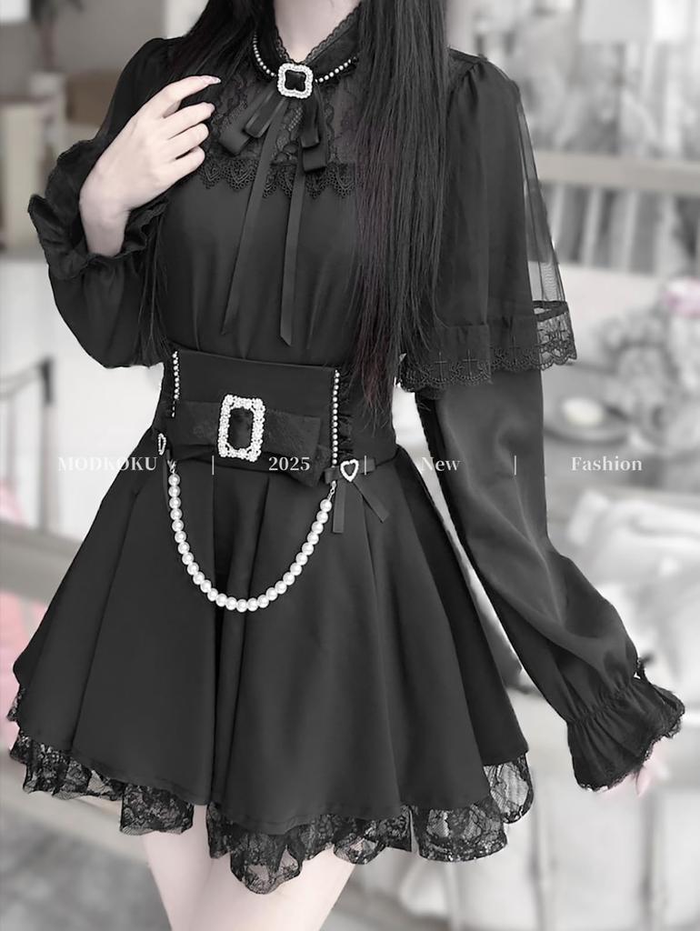 Blouse and Mini Cross Long Size L [MODKOKU] Women's Cape-Style 3-Piece Set, Skirt, Lace, Ruffles, Ribbons, Lolita, Design, Gothic, Lace-Up, Moe,