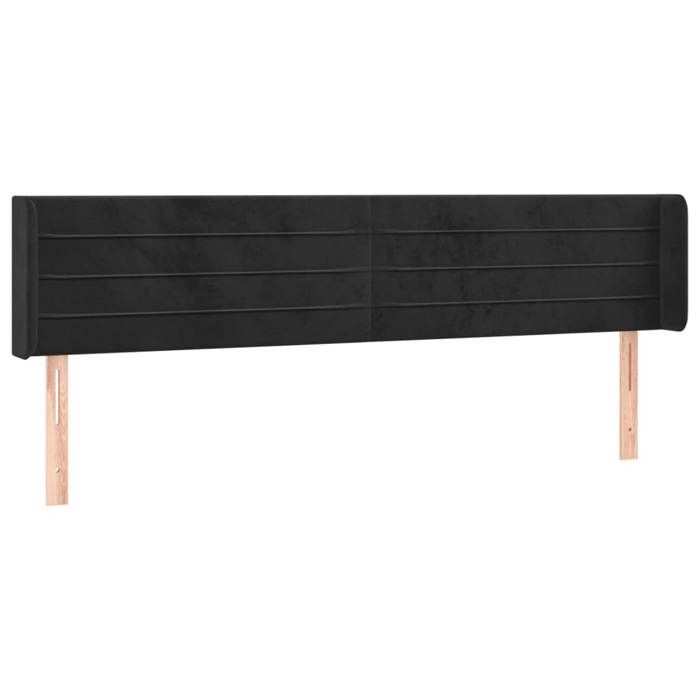 Tête de lit - Avec oreilles - Velours noir - Pieds en bois - Hauteur réglable