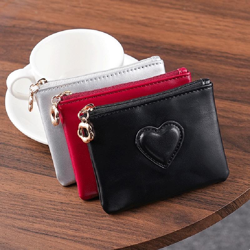 Mini Coin Purse Case Keychain Wallet Fashion PU Heart Buckle Multi-card Slots Card Holder Pouch Key Storage Bag for Women Men