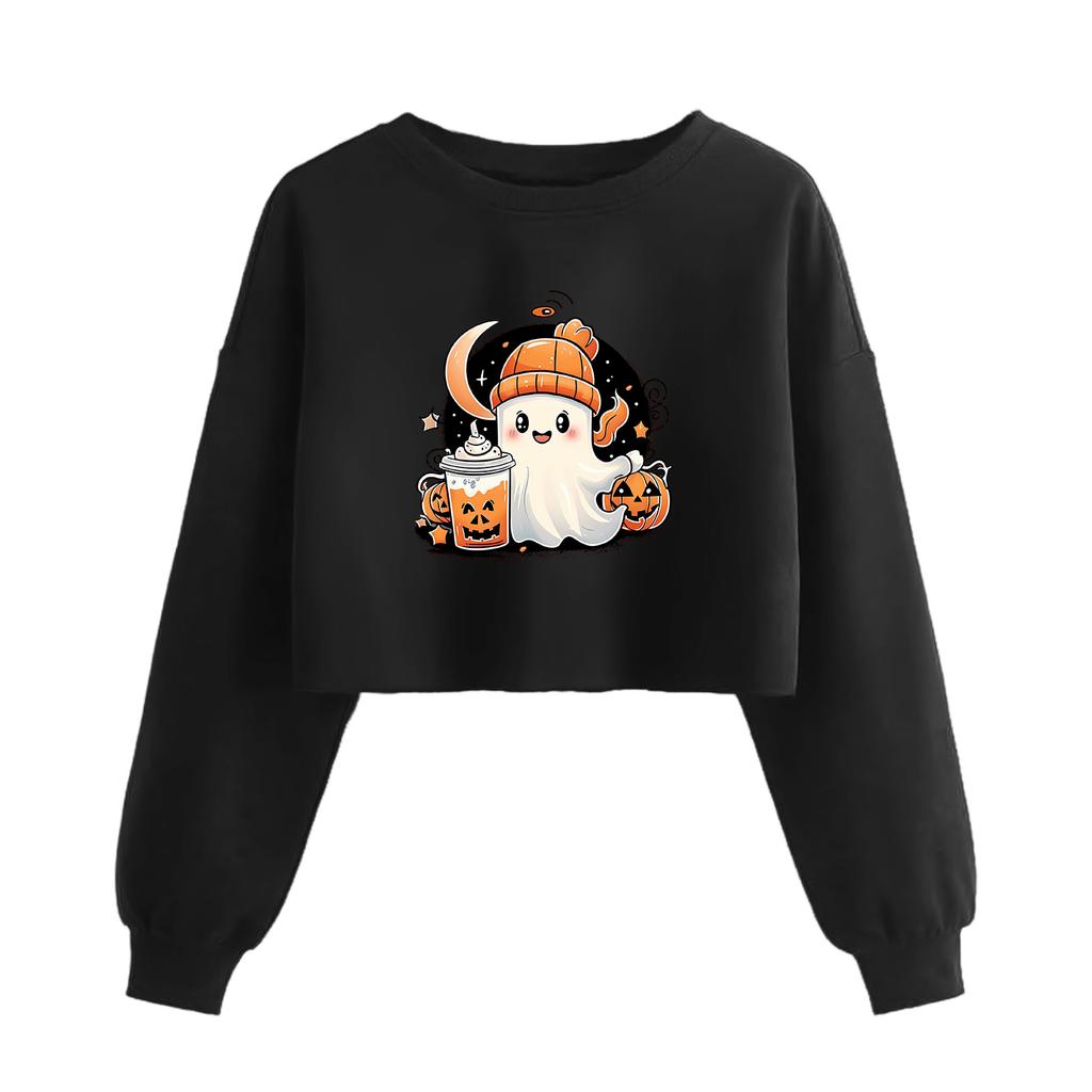 Women's Fashion Halloween Printed Navel-Exposed Long Sleeve Pullover Sweatshirt