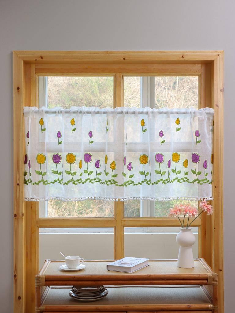 Small Flower Embroidery Hairball Short Curtain Kitchen Living Room Cabinet Blockout Partition Curtain Tulle Small Curtains