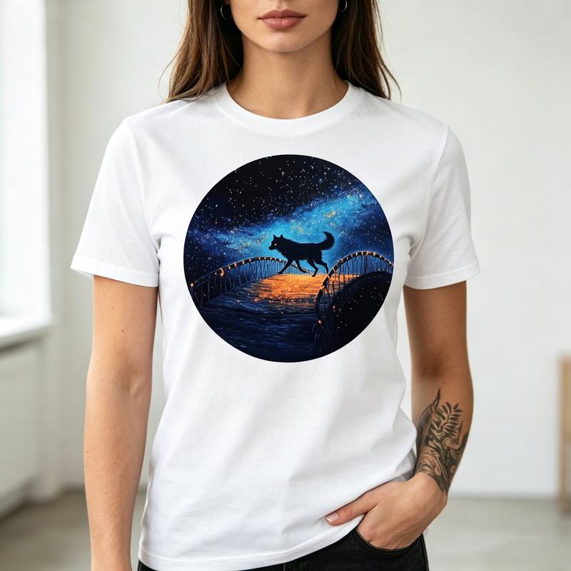 Starry Night Wolf Graphic T Shirt Majestic Wildlife Print Unisex Soft Cotton Crew Neck Short Sleeve Trendy Casual Tops