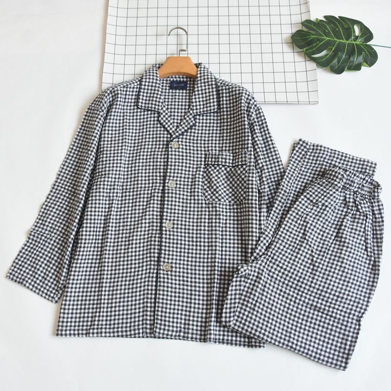 Japanese Spring and Autumn Men Pure Cotton Plaid Lapel Placket Loose Casual Pajamas Full Cotton Thin Section Homewear Suit