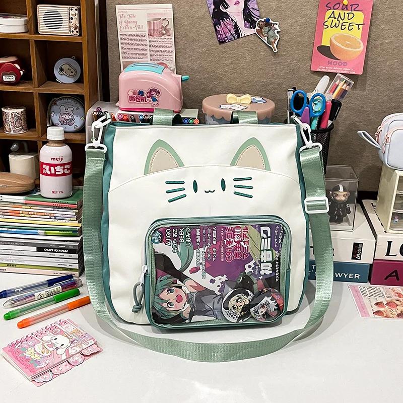 Y2K Cute Cat Ita Shoulder Bag Large Capacity Women Casual Crossbody Bag Kawaii Girl Transparent Pocket DIY Display Nylon Handbag