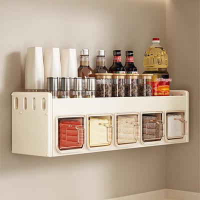 Wall-Mounted Cream Style Spice Rack with Seasoning Jars & Utensil Storage