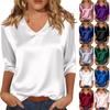 Blusa de satén para mujer con cuello en V y manga de tres cuartos, ligera para primavera y verano