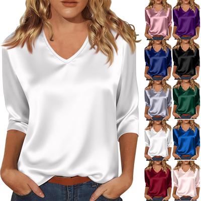 Top Camicia da Donna in Raso con Scollo a V e Maniche a Tre Quarti, Leggero per Primavera ed Estate
