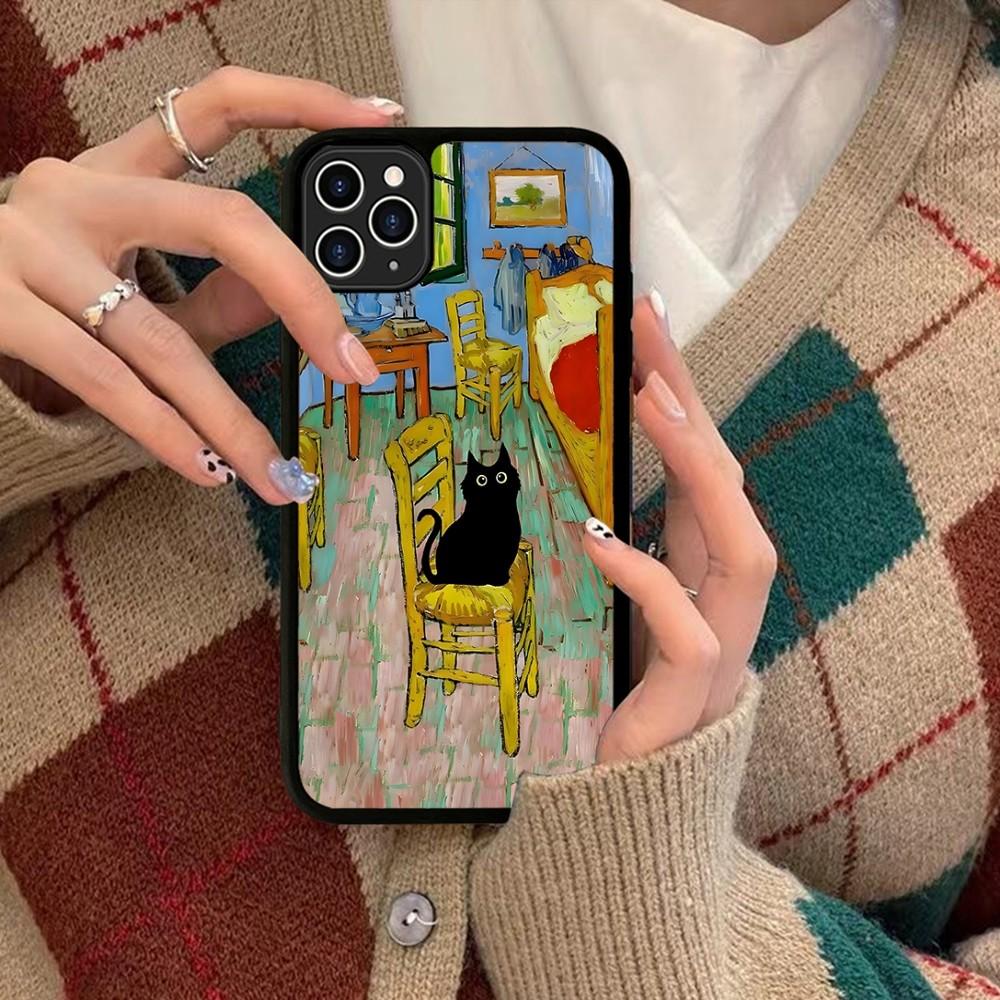 Cartoon Animal Black Cat Oil Painting Phone Case Silicone PC+TPU For For IPhone 11 12 13 14 15 16 Plus Pro Max Cover