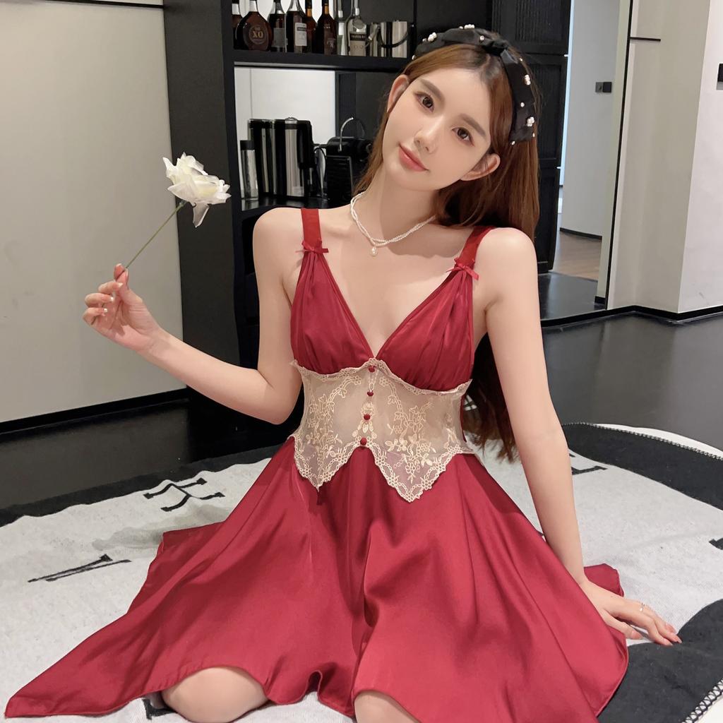 Sexy Pajamas Women Ice Ribbon Chest Pad Summer Pure Desire Wind Deep V Beauty Back Mesh Lace Large Skirt Suspender Pajamas