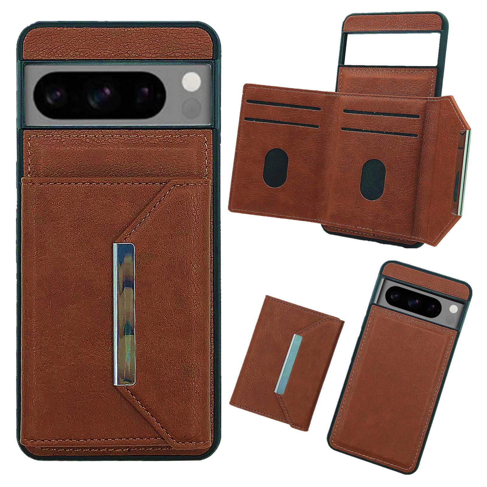 

For Google Pixel 9/9 Pro Case Leather Back Cover Detachable Card Holder Kickstand Brown