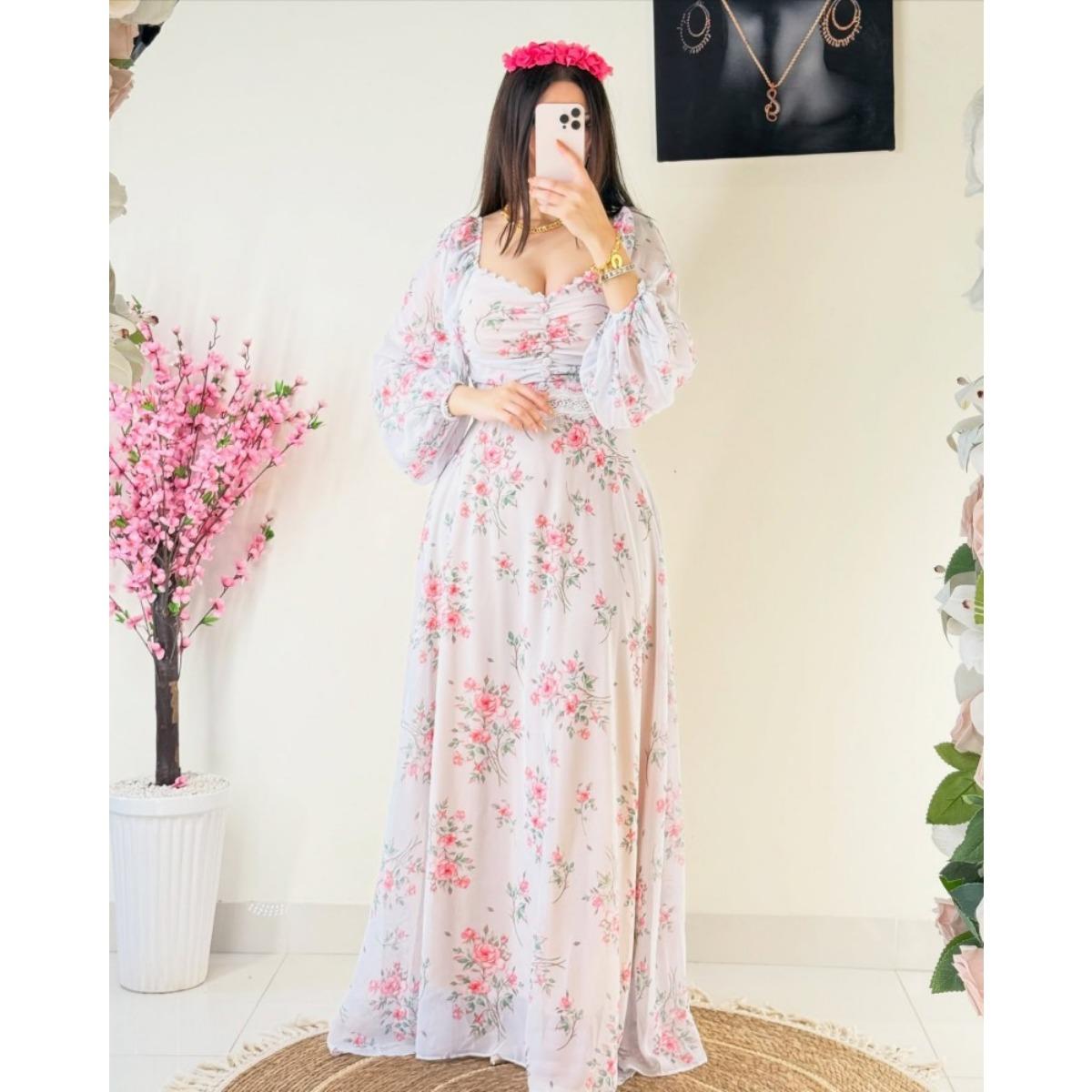 Spring Summer Women s Chiffon Printed Dress Lace Trim Casual Dress for Crossborder S