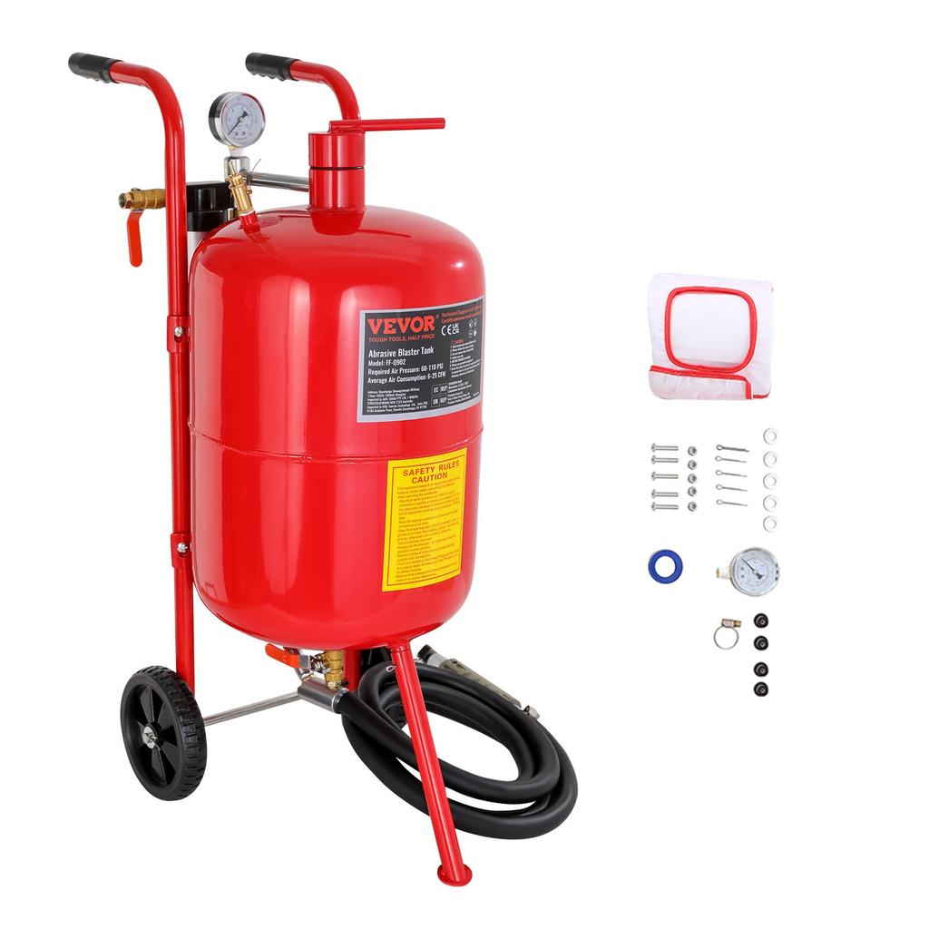 VEVOR 10Gal/40L Sandblaster Equipped with Nozzle Shut-Off Valve Pressure Gauge Ceramic Nozzle 2.5m Hose Filling Funnel Watertrap 6\" Rubber