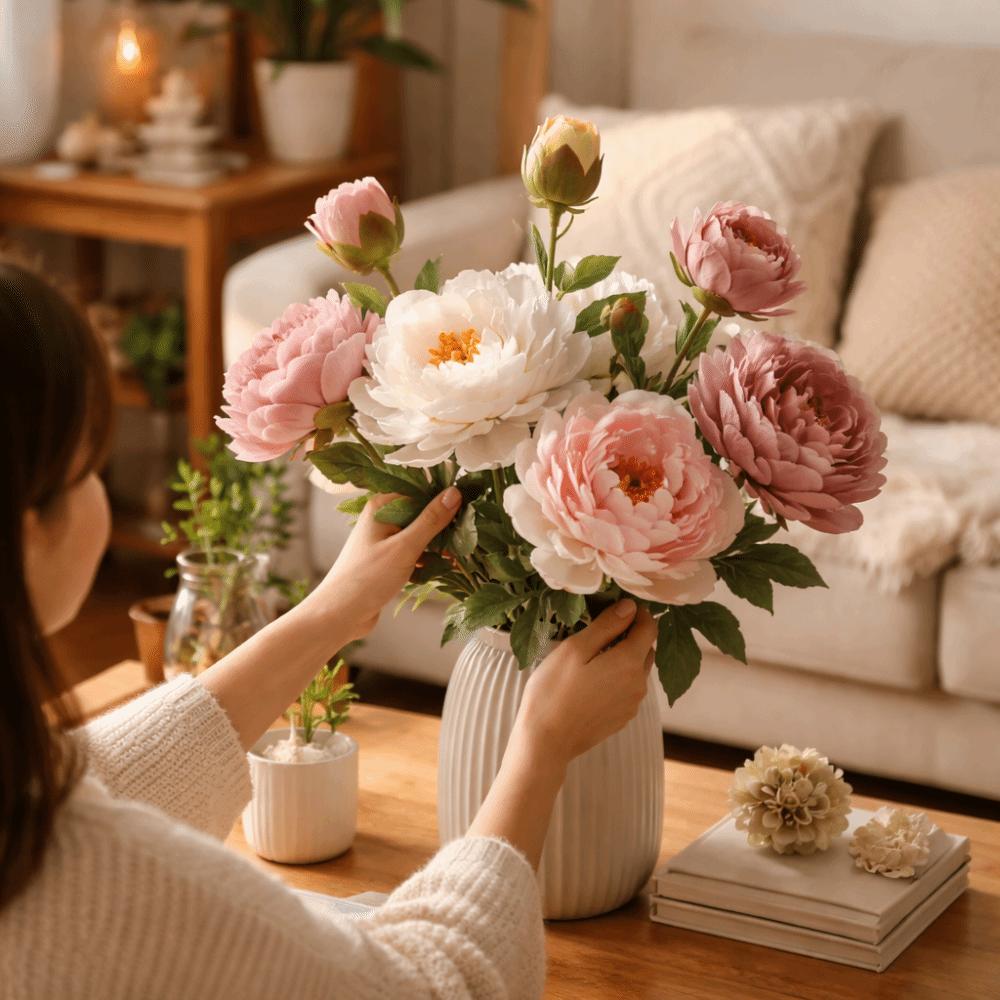 2 Heads Silk Peony Fake Flowers Silk Cloth Fake Flowers Bouquet  Table Centerpiece